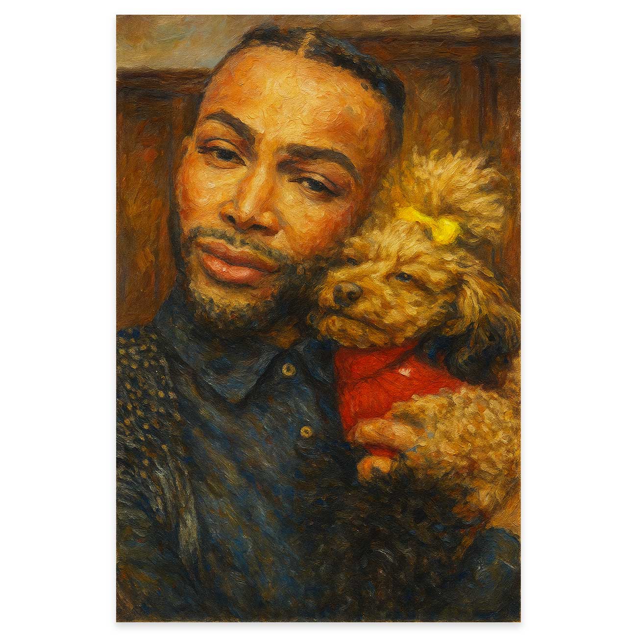 Painting of a man holding a dog with a warm color palette