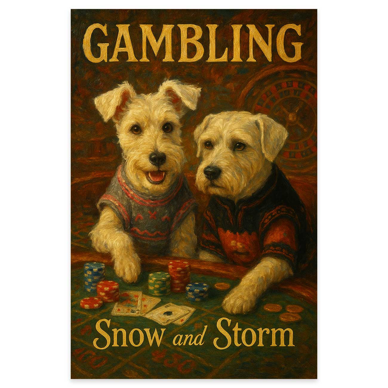 Two dogs at a gambling table with text 'GAMBLING Snow and Storm' on a dark background
