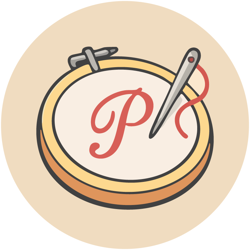 Circular design with a needle, thread, and letter 'P' on a beige background