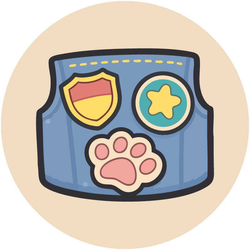 Cartoon-style blue vest with colorful patches on a beige background