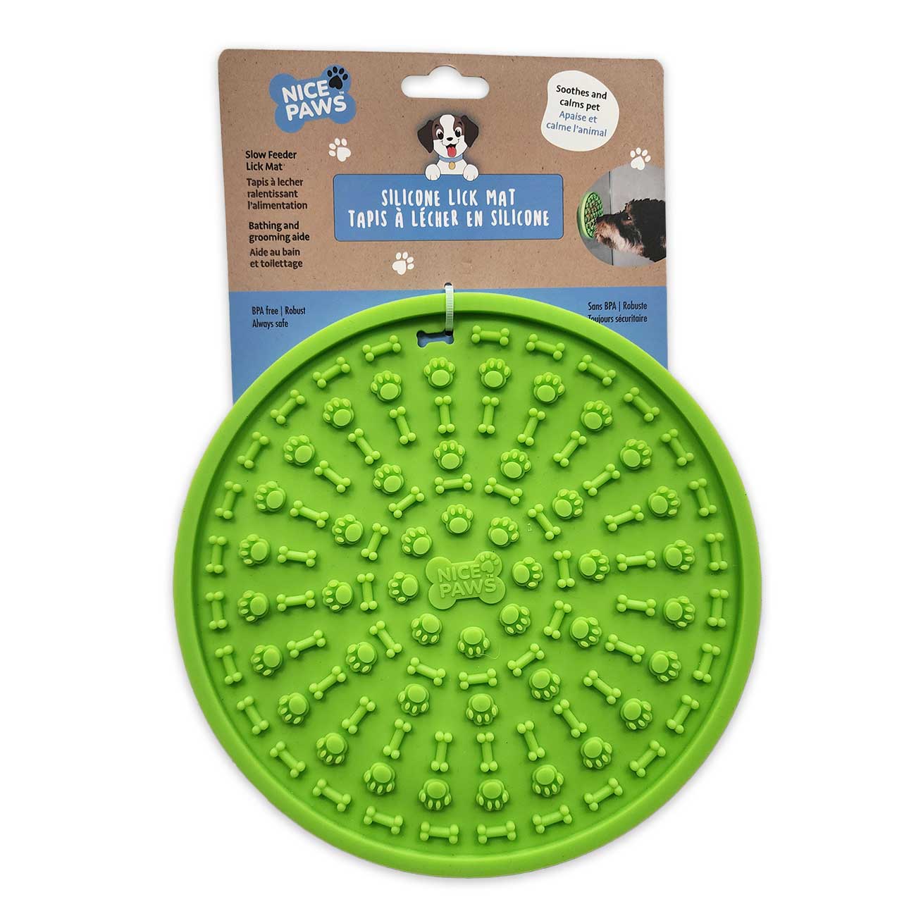 Green silicone lick mat with Nice Paws branding on a white background