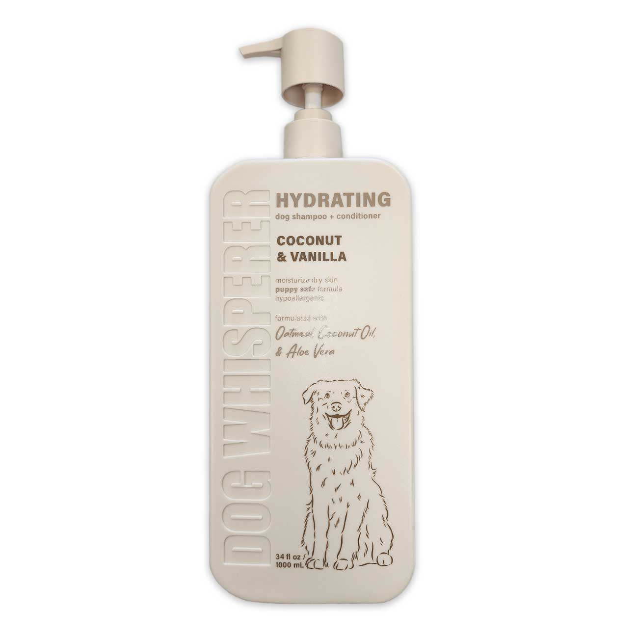 Dog shampoo and conditioner bottle with coconut and vanilla scent on a white background