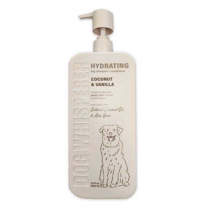 Dog shampoo and conditioner bottle with coconut and vanilla scent on a white background