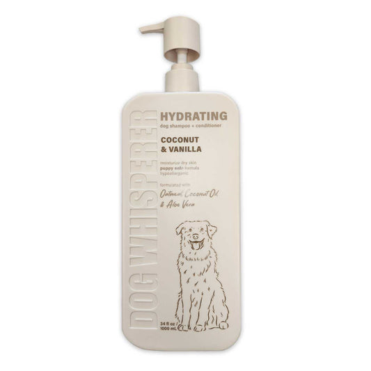 Dog shampoo and conditioner bottle with coconut and vanilla scent on a white background