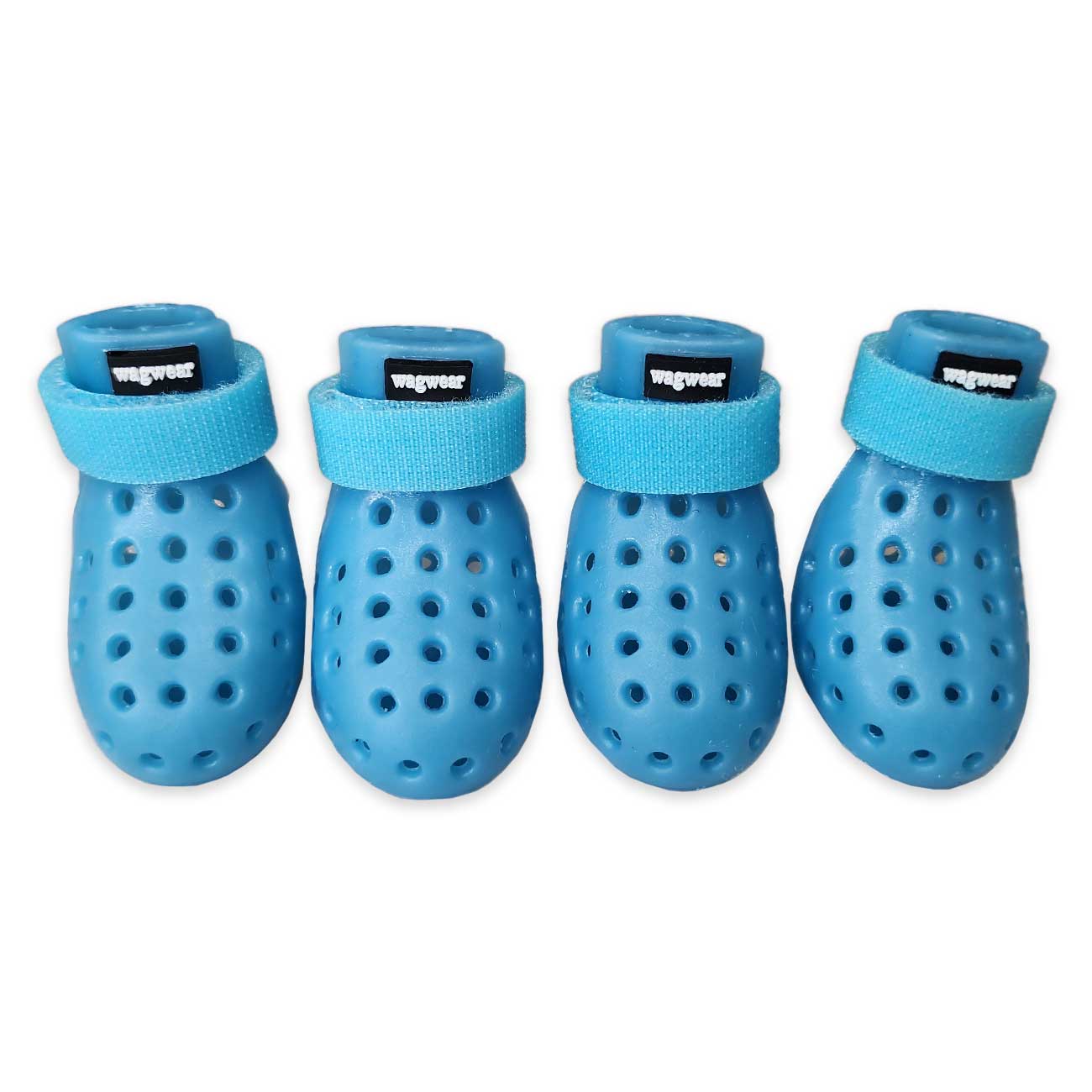 Set of four blue pet boots with blue cuffs on a white background