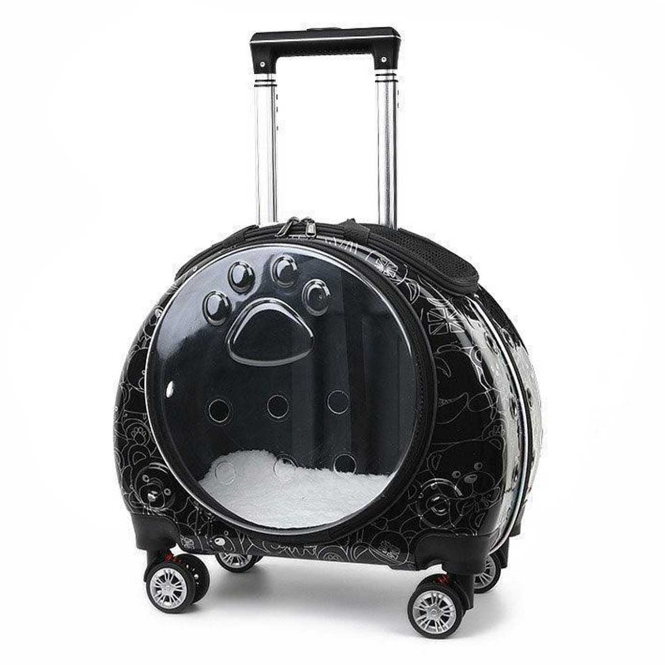 Black pet trolley case with paw design on a white background