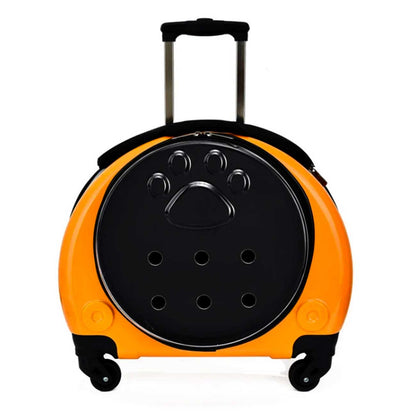 Orange and black pet trolley case carrier with paw print design on a white background