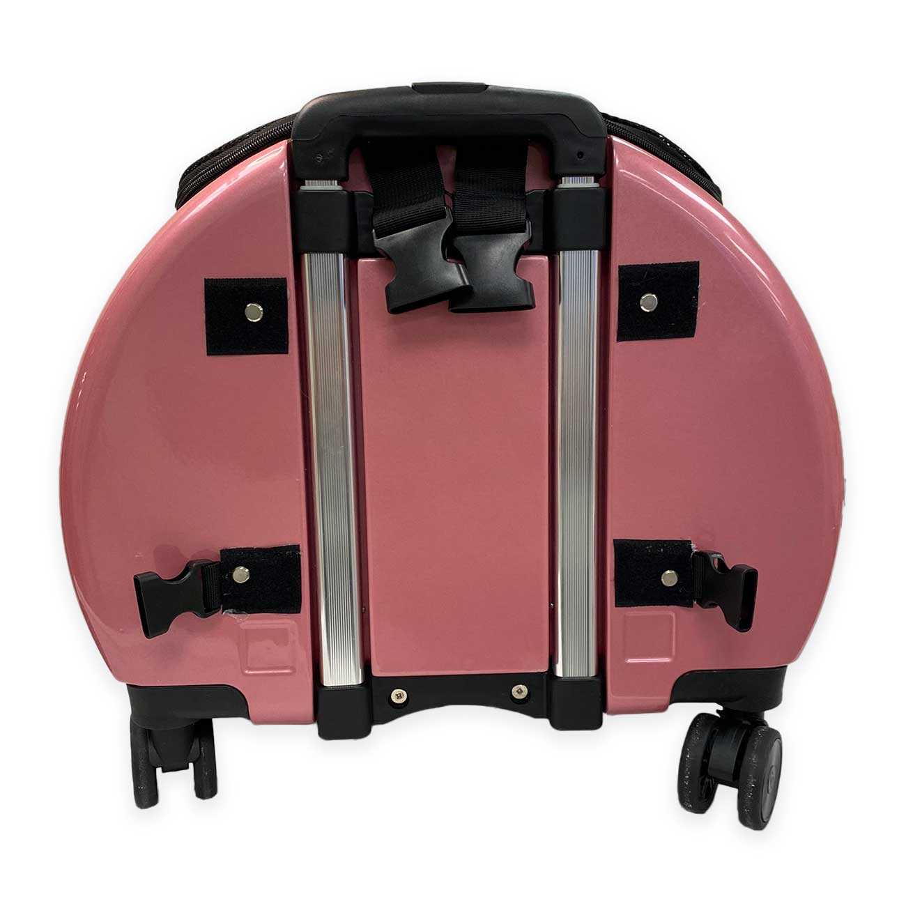 Pink pet trolley case carrier with black handles and wheels on a white background