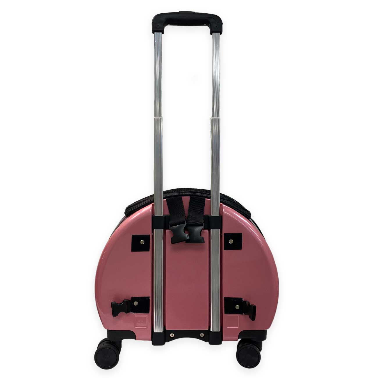 Pink pet trolley case carrier with a black handle on a white background