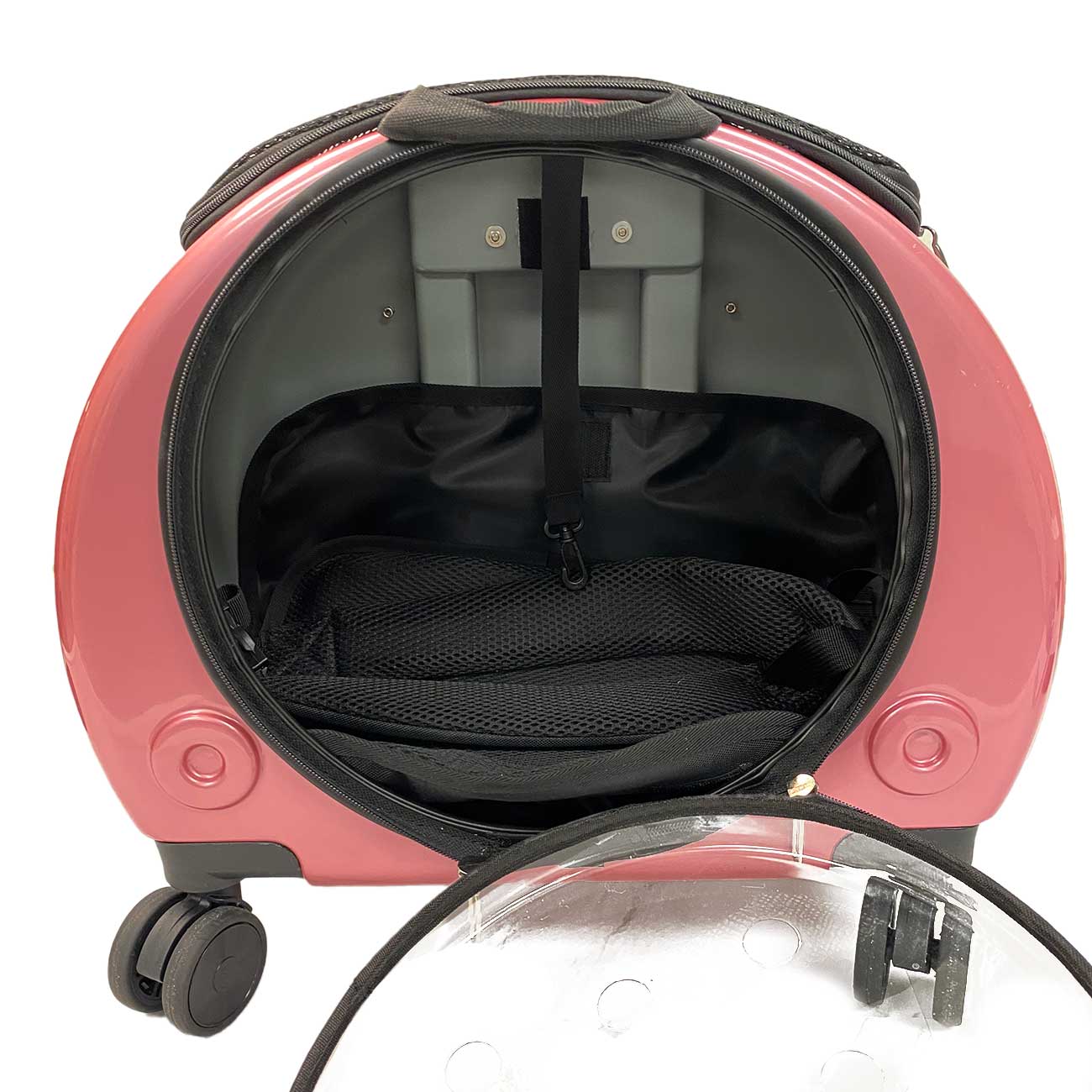 Pink pet trolley case carrier on a white background