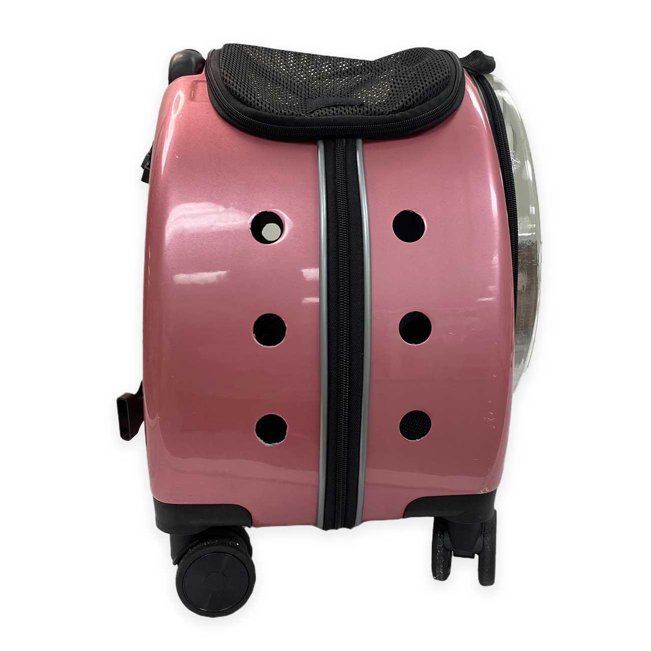 Pink pet trolley case carrier with black accents on a white background