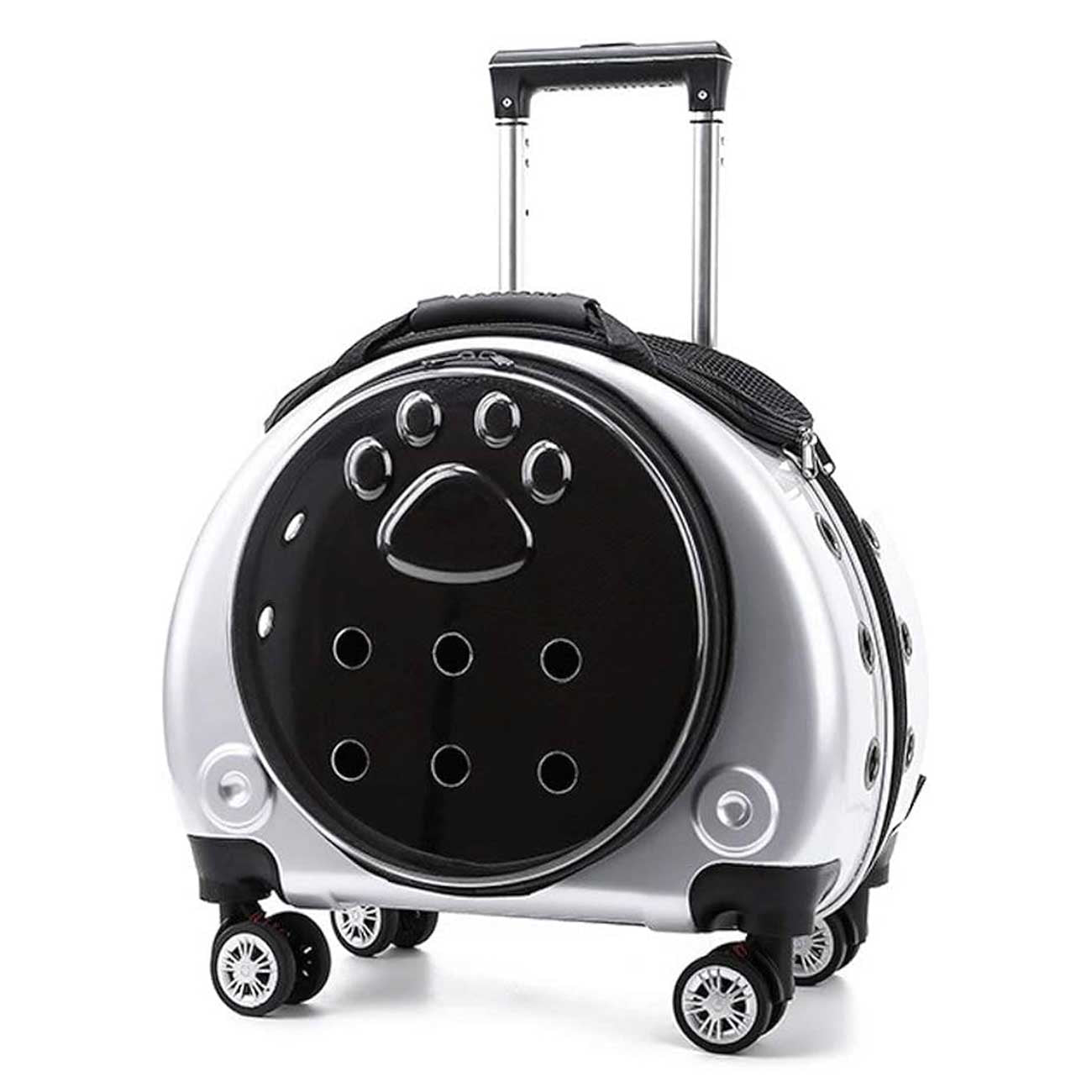 Silver and black pet trolley case with paw print design on a white background