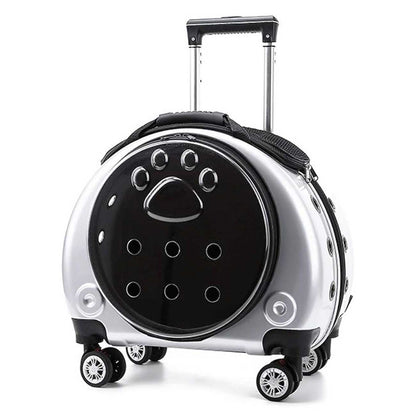 Silver and black pet trolley case with paw print design on a white background