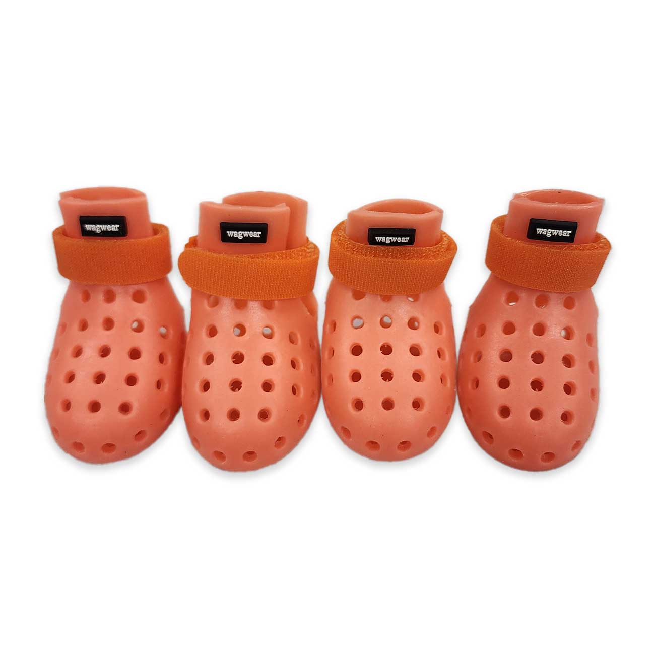 Four pairs of coral-colored dog boots with orange bands on a white background