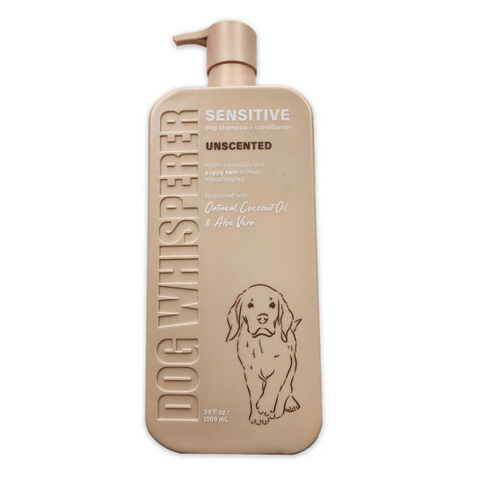 Dog shampoo bottle with 'Dog Whisperer' branding on a white background